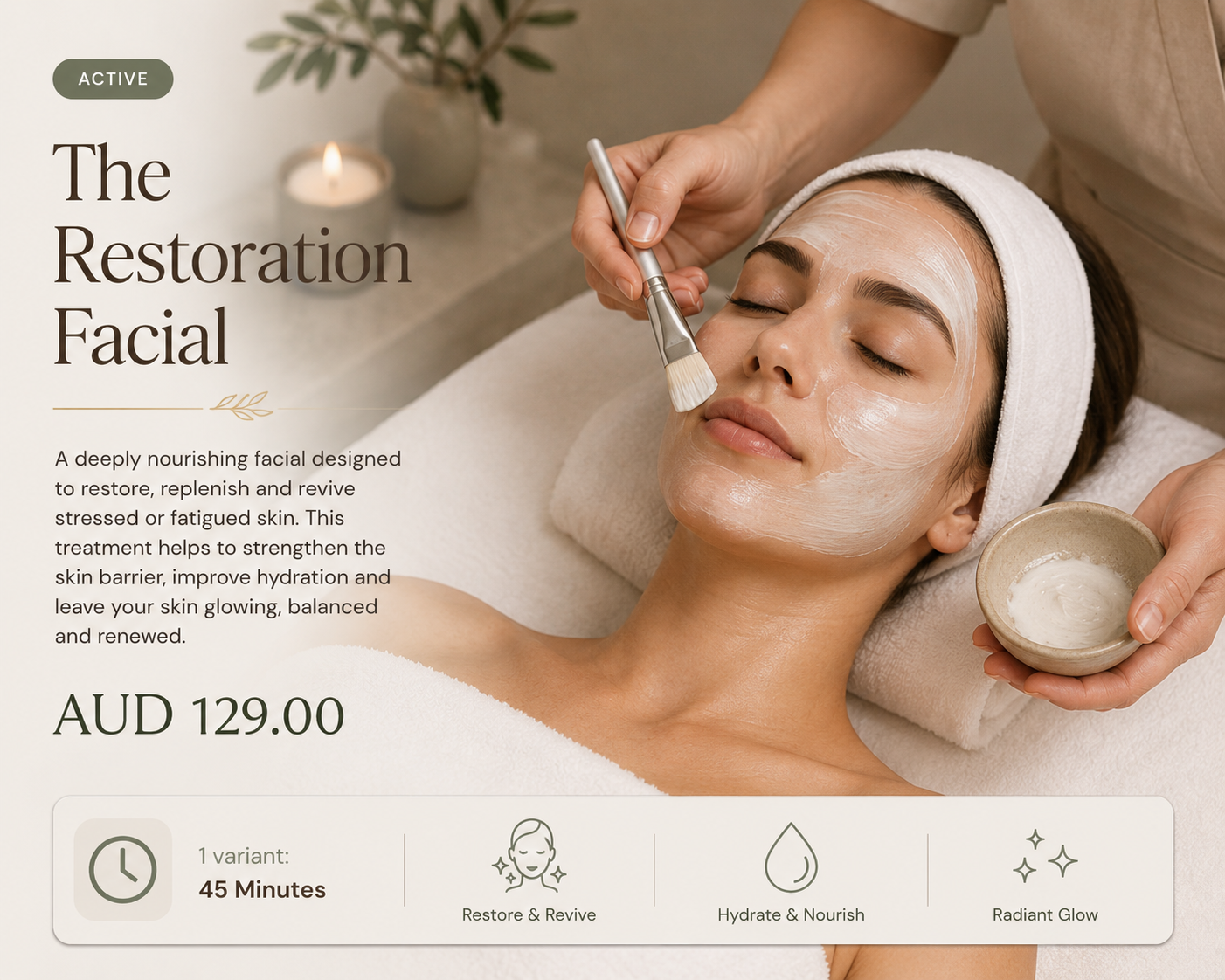 Woman receiving a restoration facial with text and pricing information.