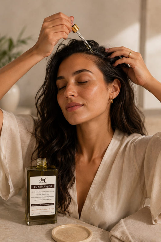 Woman applying hair oil to her hair with a dropper, next to a bottle of DAP hair oil.