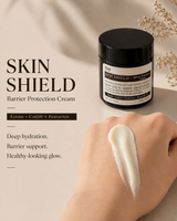 Skin Shield Barrier Protection Cream jar with hand applying cream on beige background