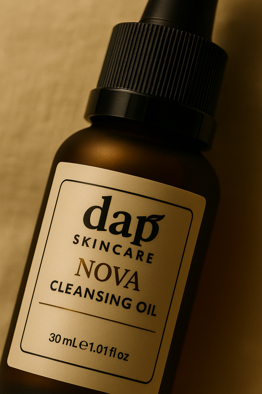 Bottle of dap Skincare Nova Cleansing Oil with a dropper on a beige background