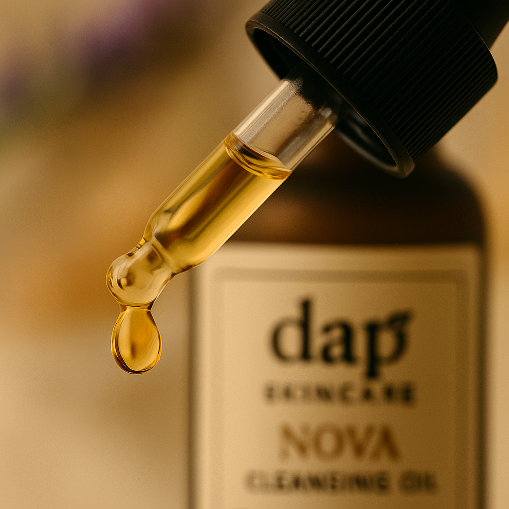 Dropper with oil dripping over a bottle labeled 'dap Skincare Nova' on a blurred background.