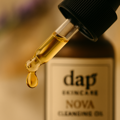Dropper with oil dripping over a bottle labeled 'dap Skincare Nova' on a blurred background.