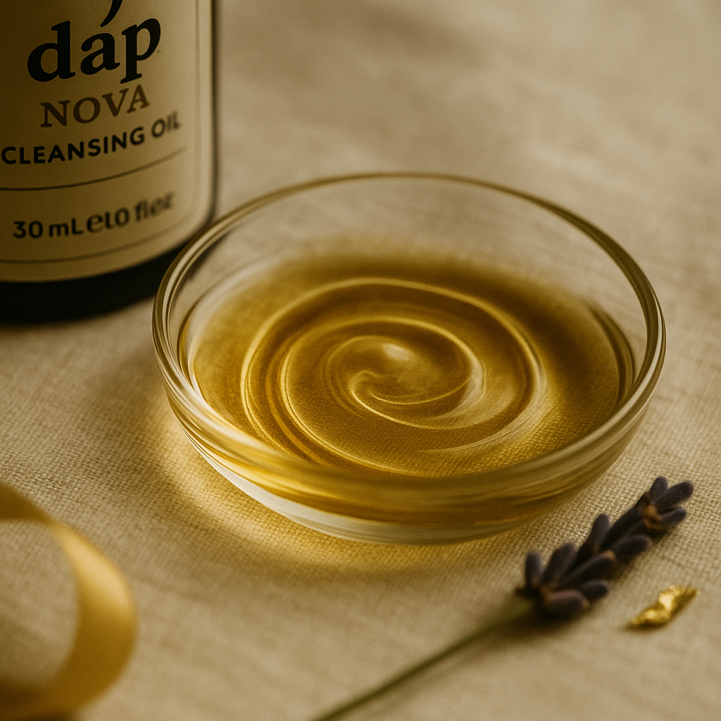 Cleansing oil in a glass bowl with a bottle labeled 'dap Nova' and lavender on a textured surface.
