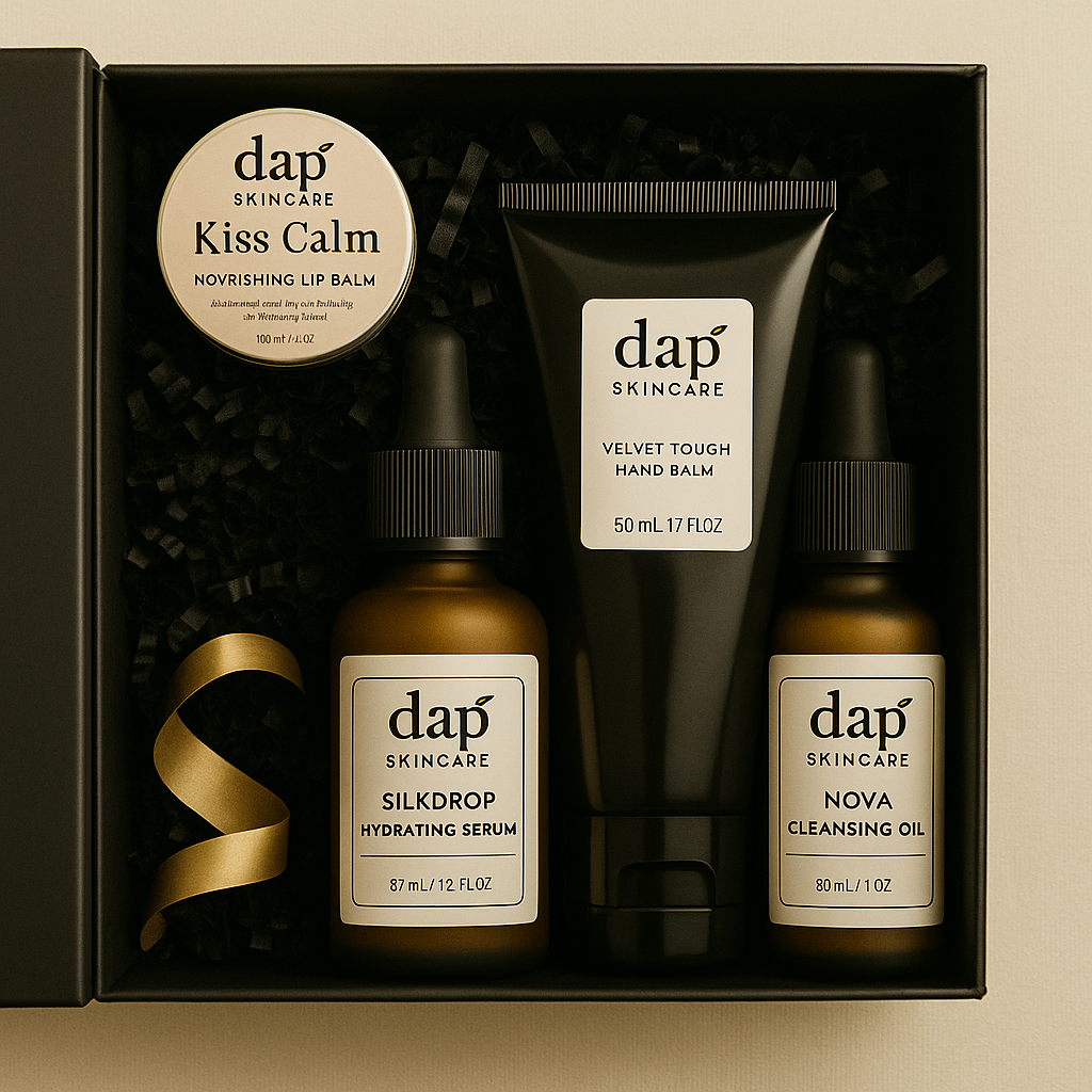 dap Skincare product set including lip balm, hand balm, serum, and cleansing oil in a black box.