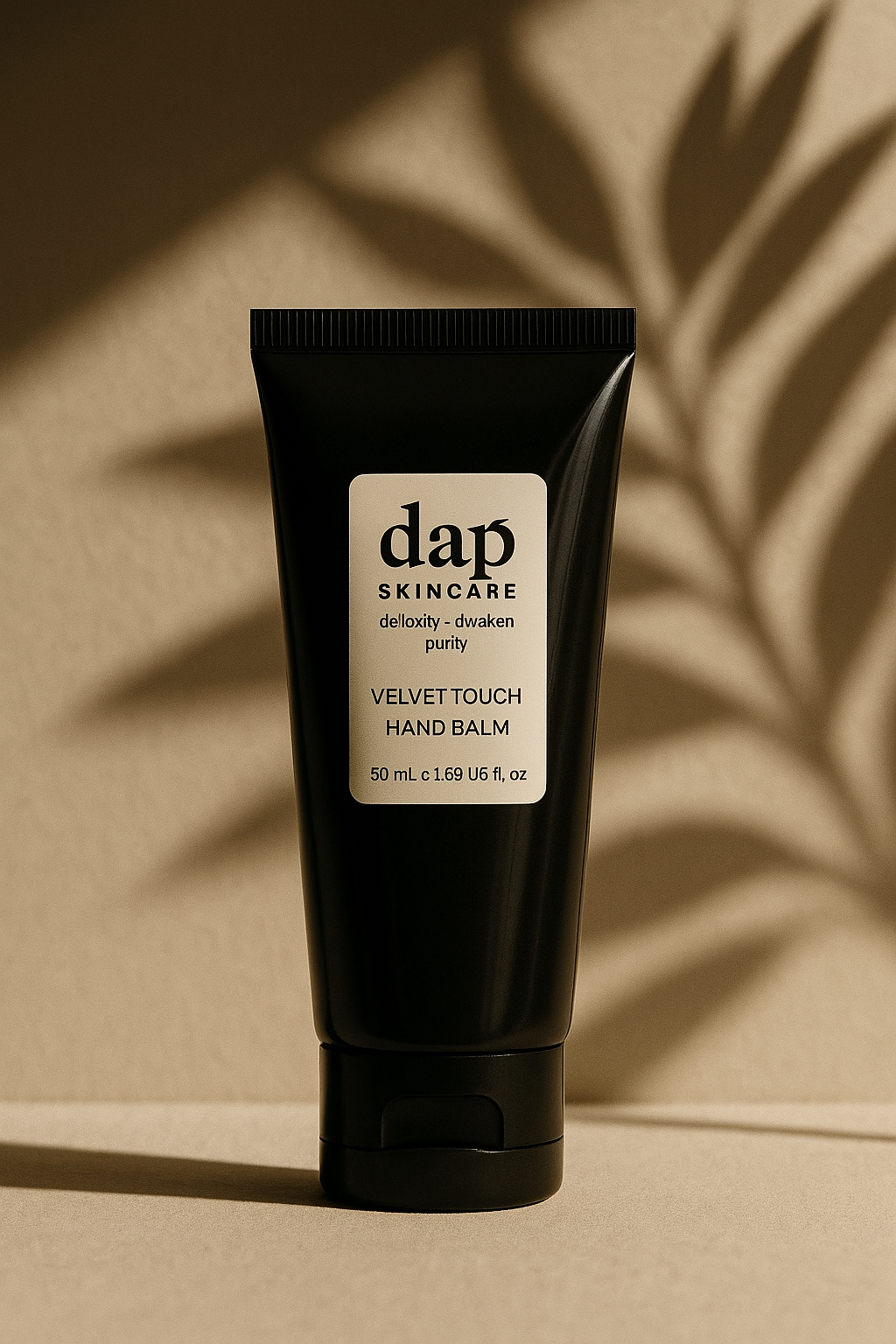 Black tube of dap skincare velvet touch hand balm on a beige background