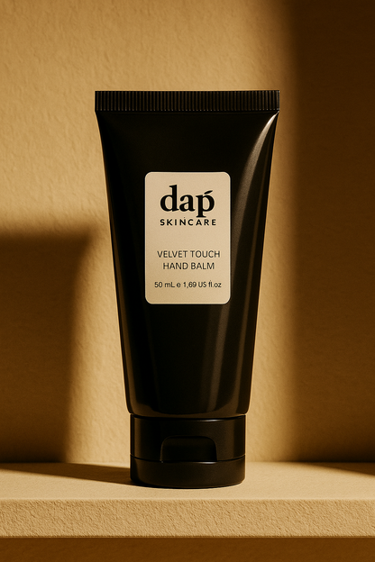 Black tube of dap Skincare Velvet Touch Hand Balm on a brown background