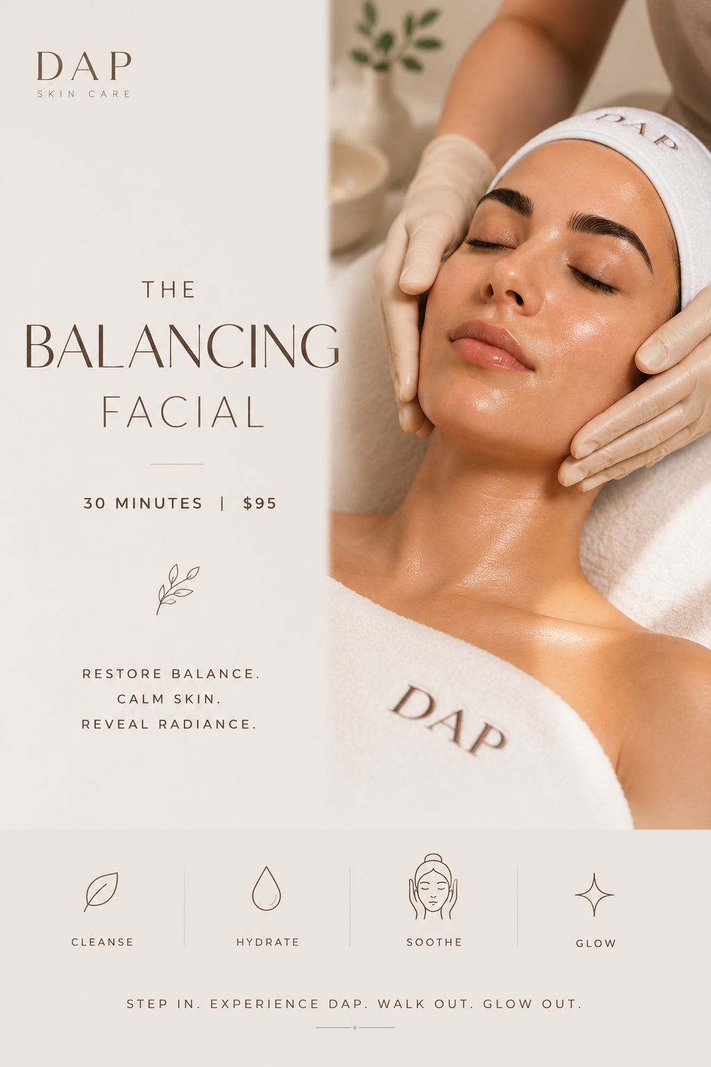 Advertisement for DAP Skincare's Balancing Facial service with a woman receiving a facial.