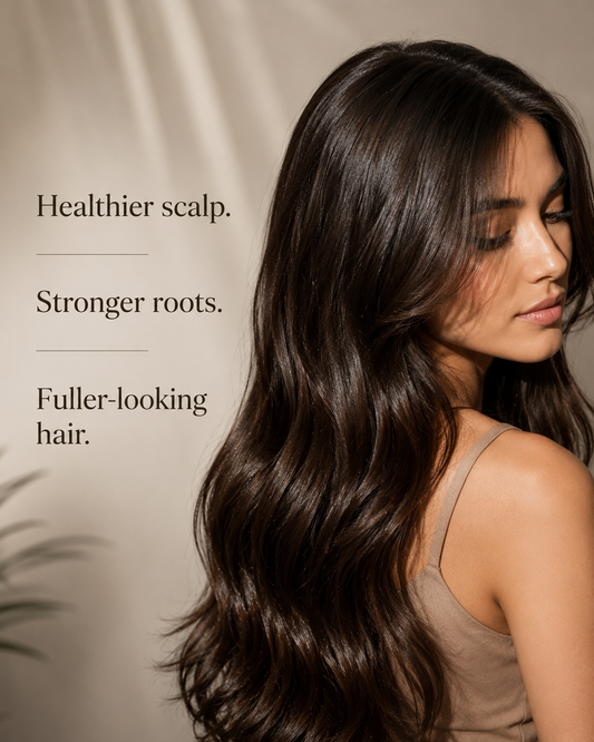 Woman with long, healthy hair against a neutral background with text about hair health.