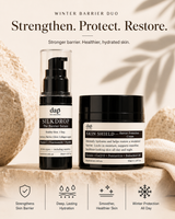 Two skincare products on a stone surface with text about skin care benefits.