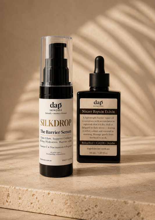 Two skincare products from dap Skincare on a wooden surface with a neutral background