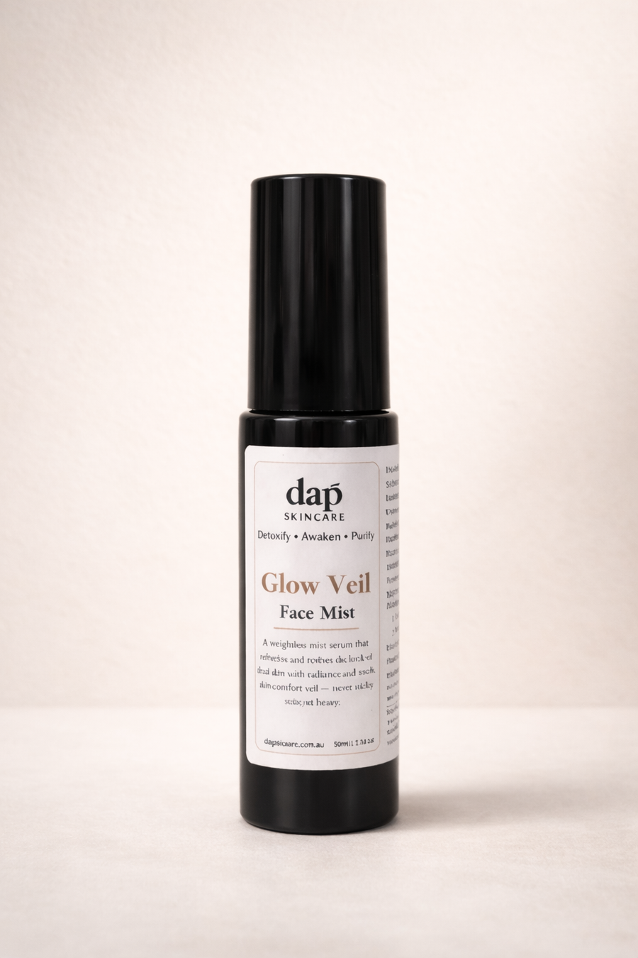DAP Skincare Glow Veil Face Mist bottle on a light background