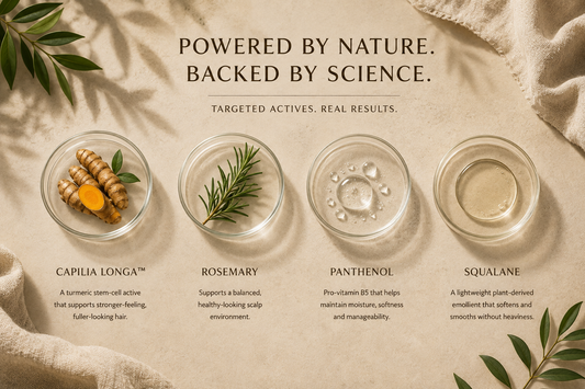 A styled product infographic on a beige textured background with botanical props. Four clear glass bowls display ingredients: turmeric root with yellow powder for Capilia Longa, a rosemary sprig for Rosemary, water droplets for Panthenol, and a clear liquid for Squalane.