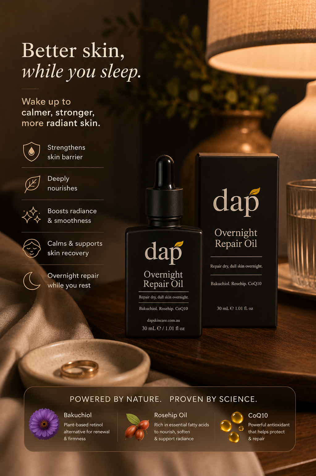 A bottle and box of dap Overnight Repair Oil displayed on a wooden table with warm home decor in the background, including a lamp, glass, and bowl. Text on the left highlights skin benefits, and a product ingredients banner appears at the bottom.