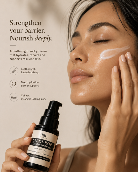 Woman applying skincare serum with 'dap' bottle, text about skin barrier support.