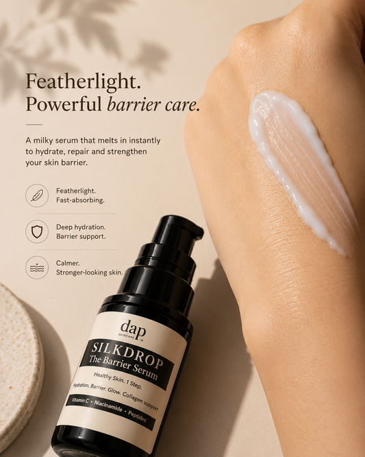 Silkdrop barrier serum bottle with application on skin and product description text.