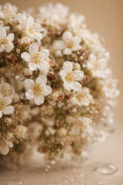 Close-up of white flowers with water droplets on a beige background