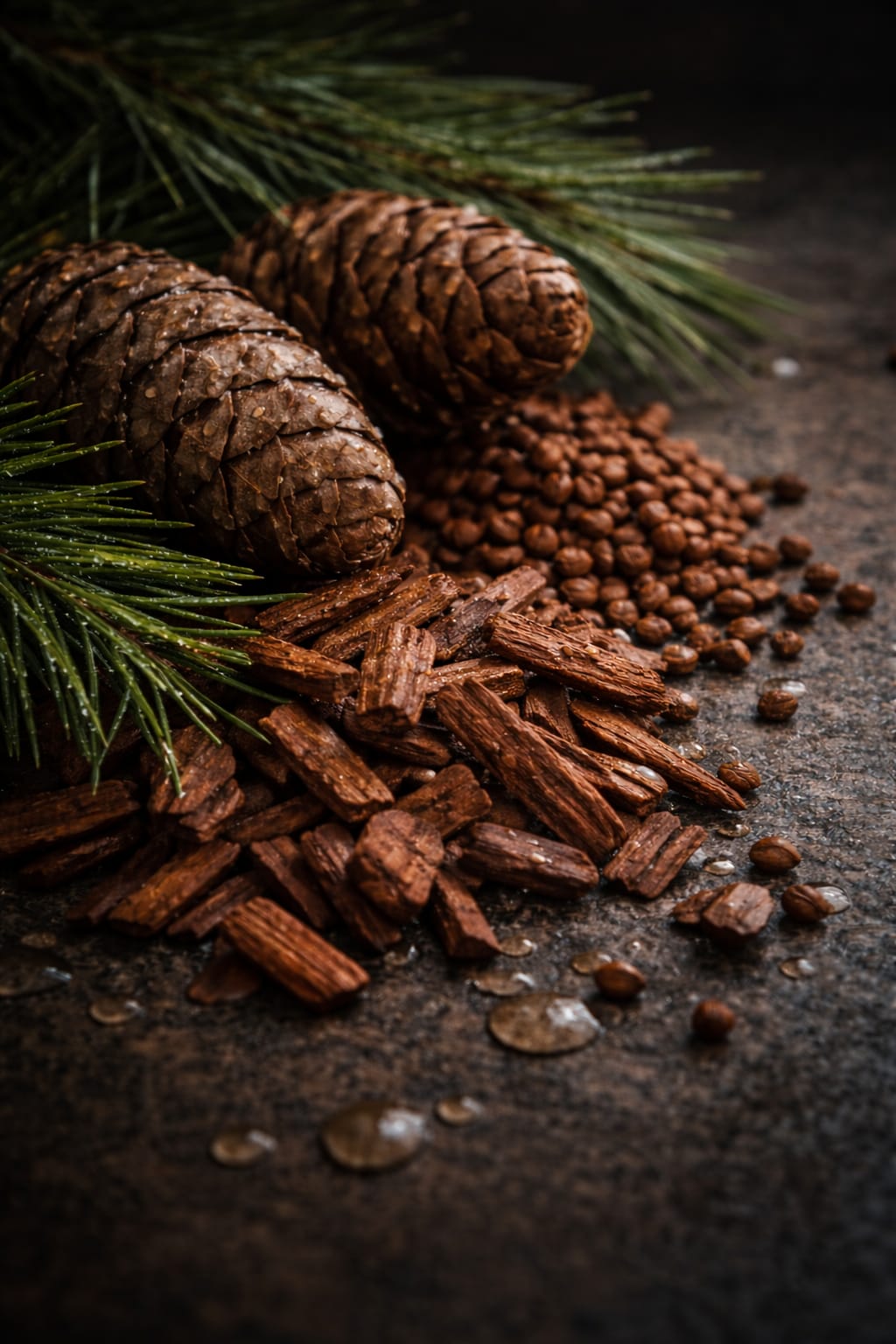 Pine cones and pine needles on a dark surface