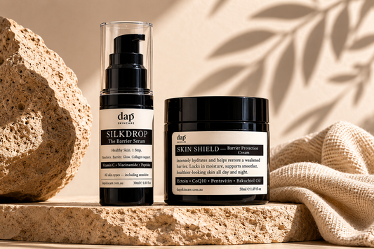 Two skincare products from dap on a stone surface with a natural background